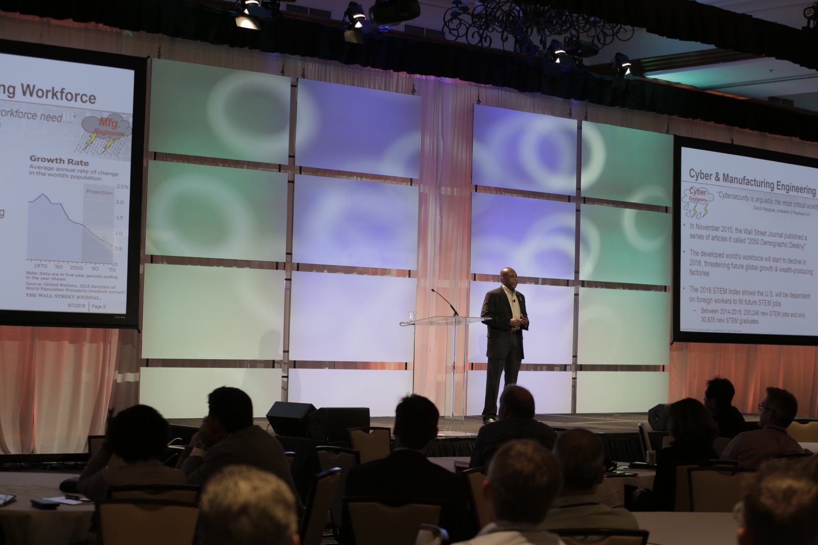 Anthony King delivering the keynote at the 12th Annual Manufacturing Leadership Summit, with the audience and presentation screens visible